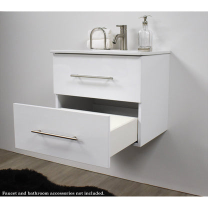 Volpa USA Napa 24" Glossy White Wall-Mounted Floating Modern Bathroom Vanity With Integrated Ceramic Top and Satin Nickel Round Handles