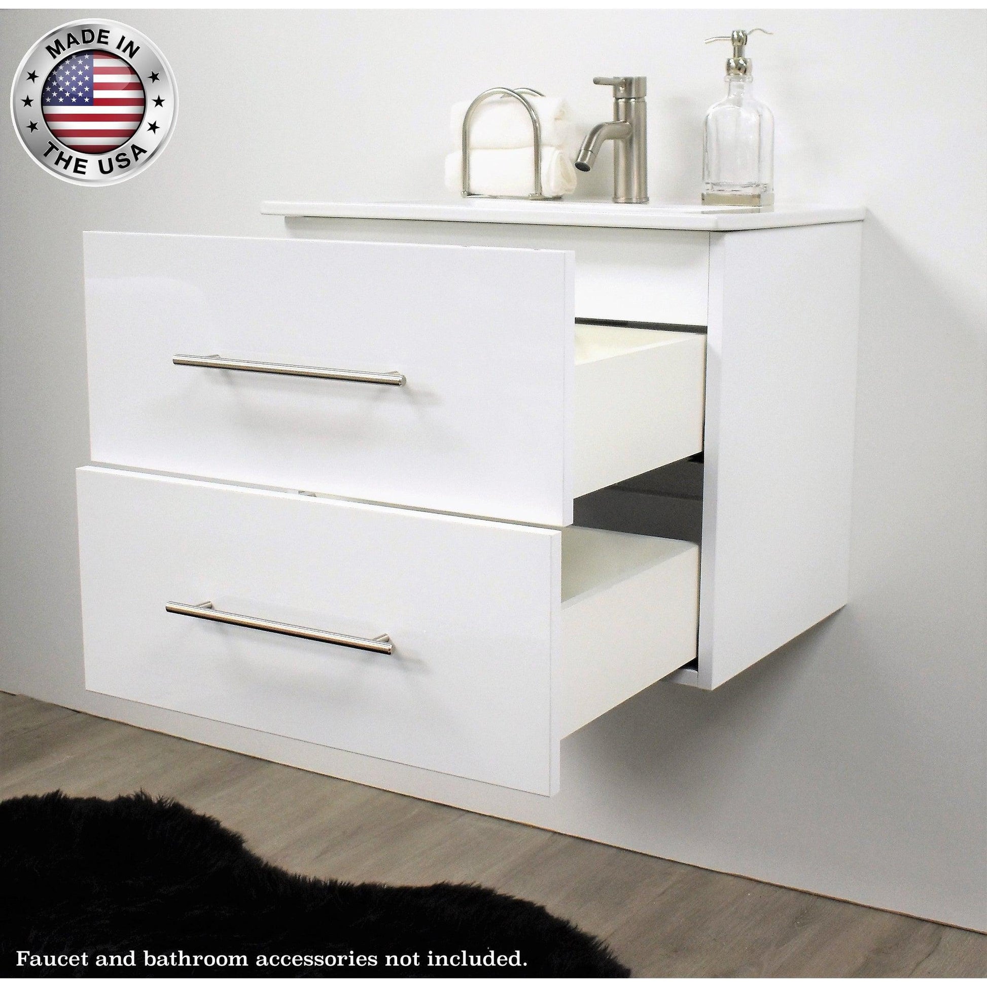 Volpa USA Napa 24" Glossy White Wall-Mounted Floating Modern Bathroom Vanity With Integrated Ceramic Top and Satin Nickel Round Handles