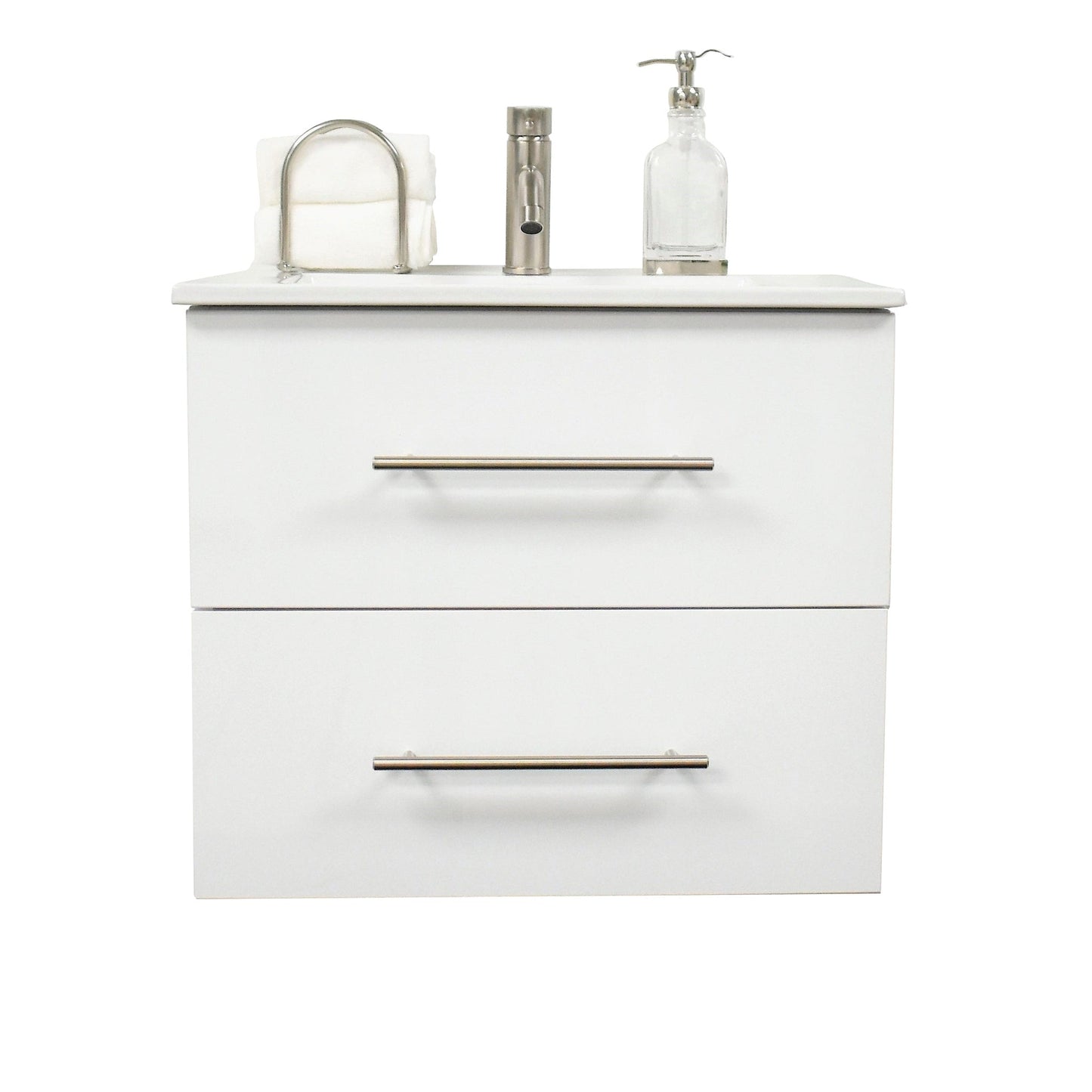 Volpa USA Napa 24" Glossy White Wall-Mounted Floating Modern Bathroom Vanity With Integrated Ceramic Top and Satin Nickel Round Handles