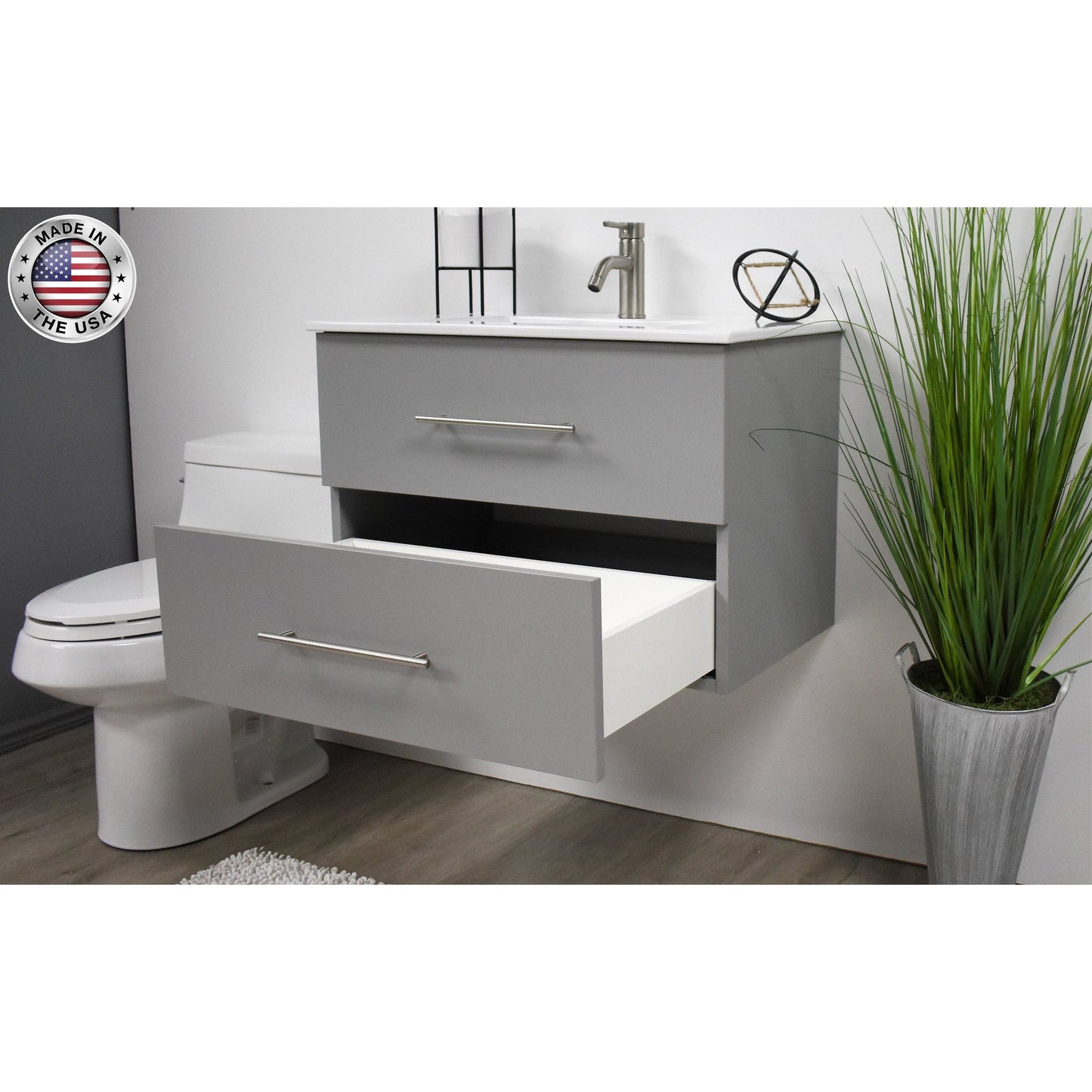 Volpa USA Napa 24" Grey Wall-Mounted Floating Modern Bathroom Vanity With Integrated Ceramic Top and Satin Nickel Round Handles