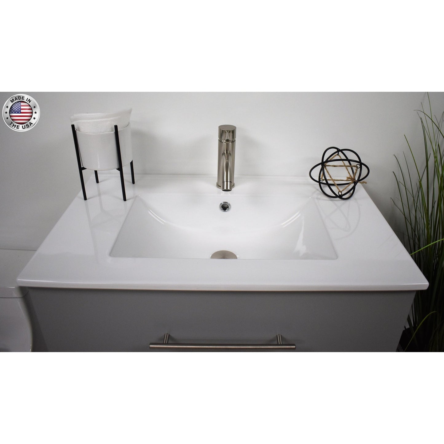 Volpa USA Napa 24" Grey Wall-Mounted Floating Modern Bathroom Vanity With Integrated Ceramic Top and Satin Nickel Round Handles