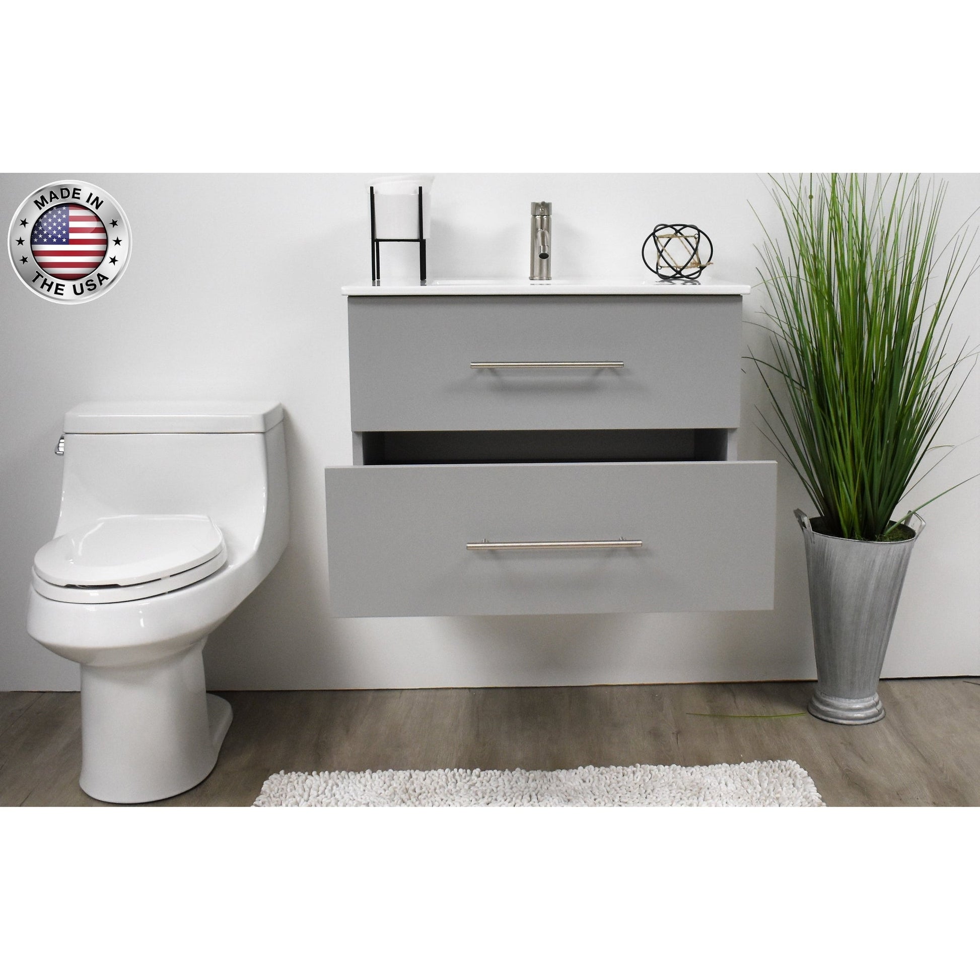 Volpa USA Napa 24" Grey Wall-Mounted Floating Modern Bathroom Vanity With Integrated Ceramic Top and Satin Nickel Round Handles