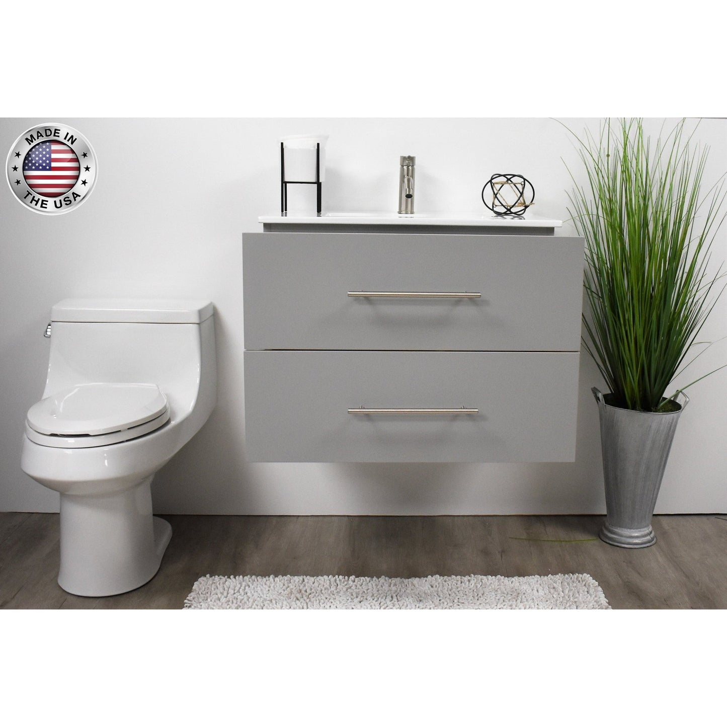 Volpa USA Napa 24" Grey Wall-Mounted Floating Modern Bathroom Vanity With Integrated Ceramic Top and Satin Nickel Round Handles