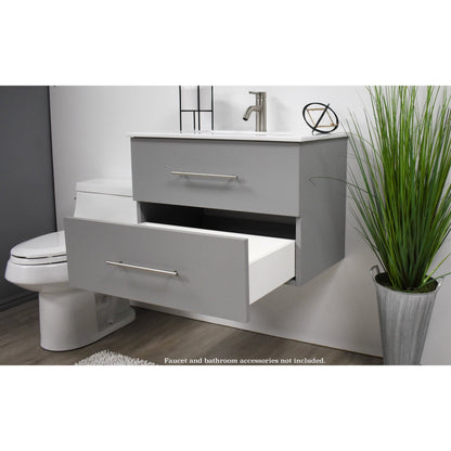 Volpa USA Napa 24" Grey Wall-Mounted Floating Modern Bathroom Vanity With Integrated Ceramic Top and Satin Nickel Round Handles