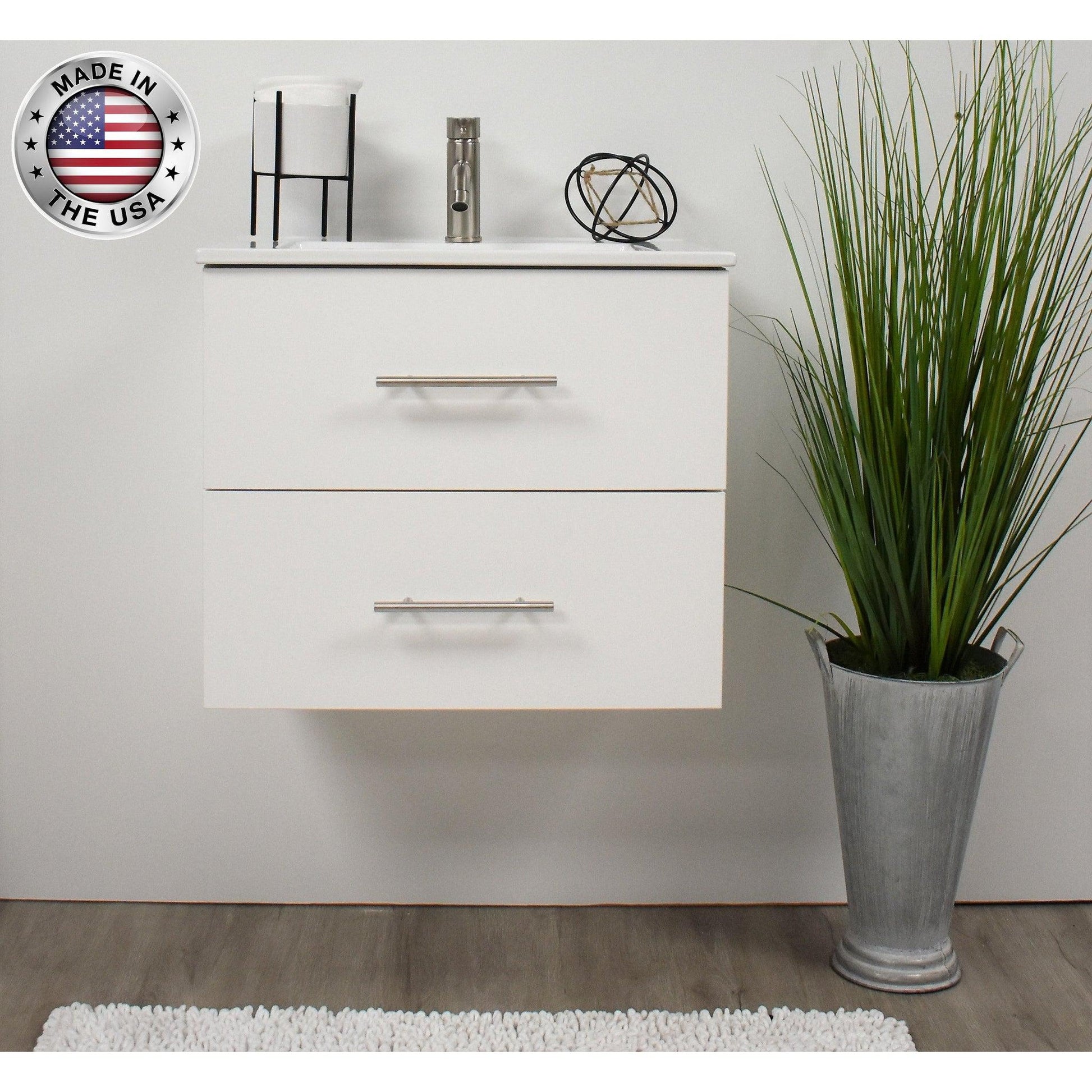 Volpa USA Napa 24" White Wall-Mounted Floating Modern Bathroom Vanity With Integrated Ceramic Top and Satin Nickel Round Handles