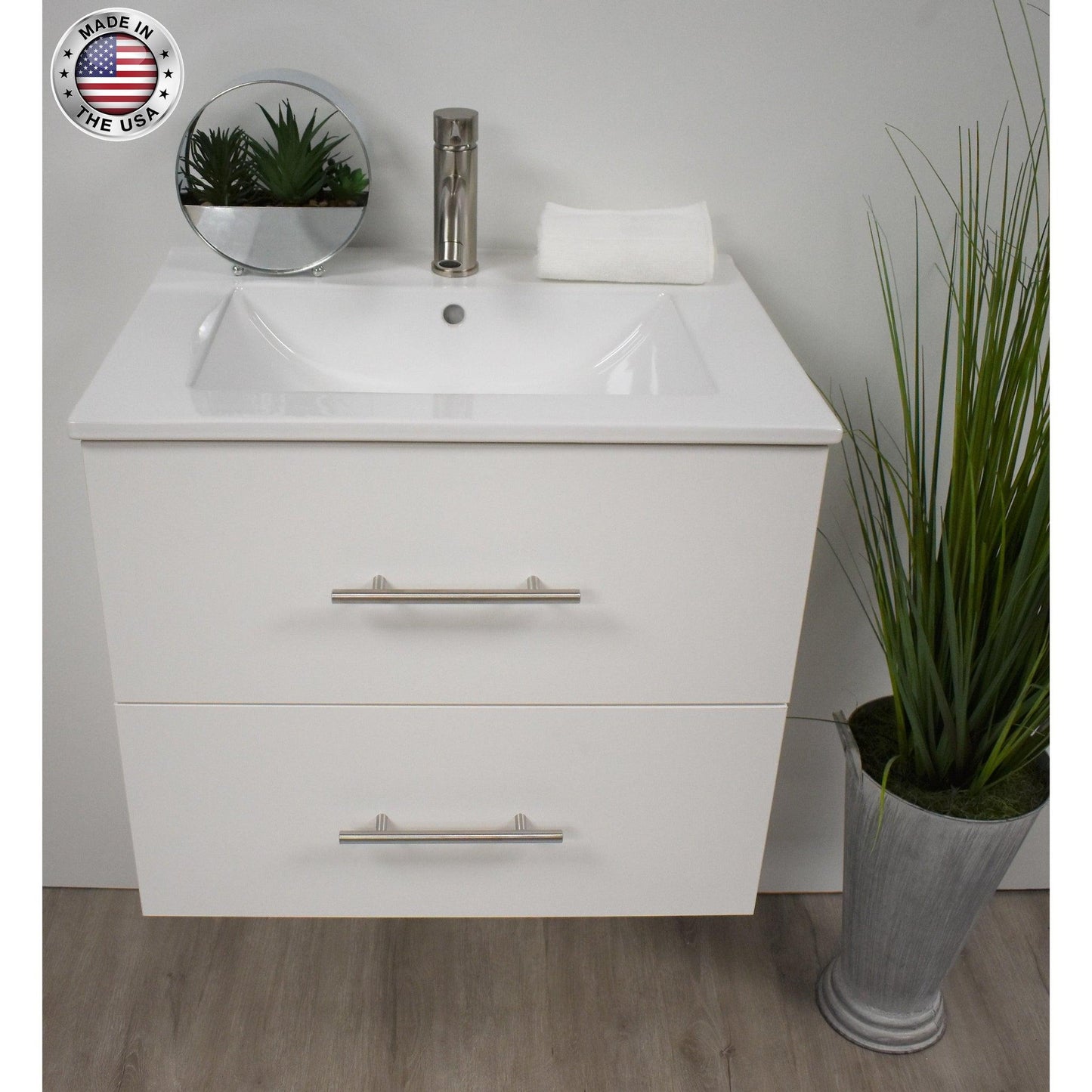 Volpa USA Napa 24" White Wall-Mounted Floating Modern Bathroom Vanity With Integrated Ceramic Top and Satin Nickel Round Handles