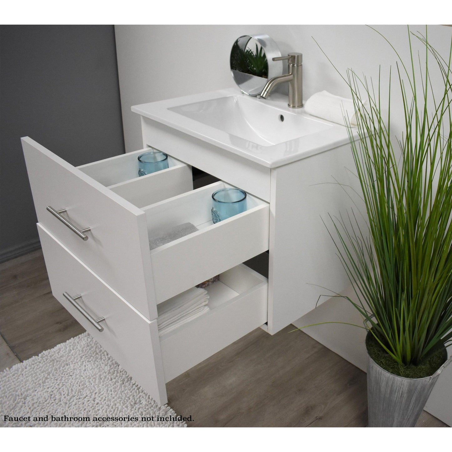 Volpa USA Napa 24" White Wall-Mounted Floating Modern Bathroom Vanity With Integrated Ceramic Top and Satin Nickel Round Handles