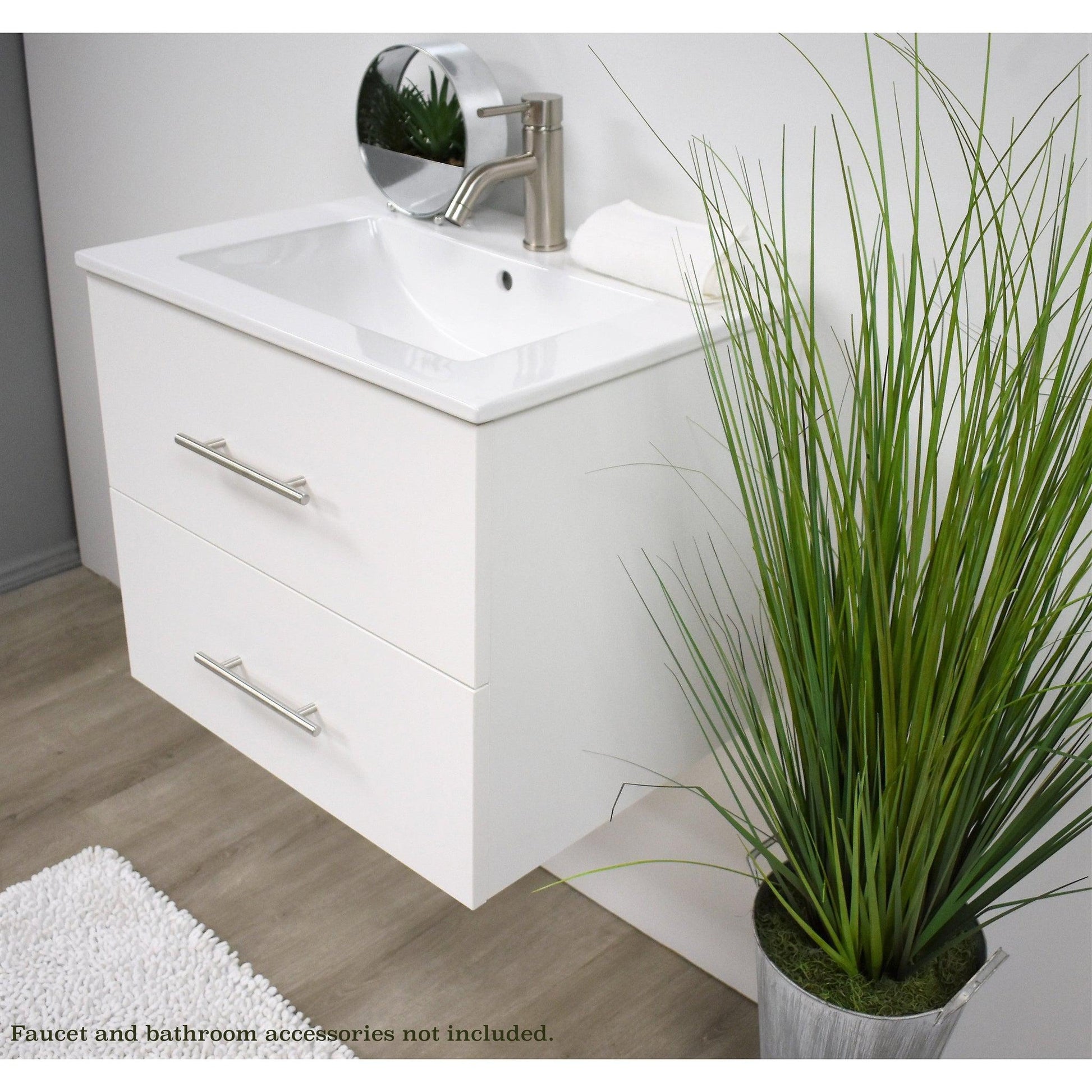 24 Modern White Floating Bathroom Vanity with Drawer Shelf Integral Single Ceramic Sink