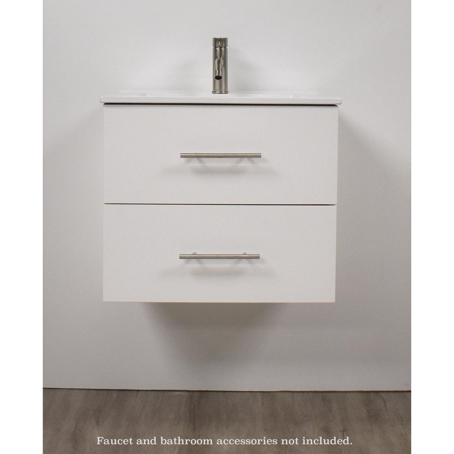 Volpa USA Napa 24" White Wall-Mounted Floating Modern Bathroom Vanity With Integrated Ceramic Top and Satin Nickel Round Handles