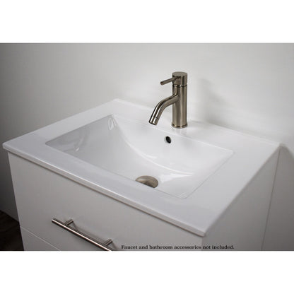 Volpa USA Napa 24" White Wall-Mounted Floating Modern Bathroom Vanity With Integrated Ceramic Top and Satin Nickel Round Handles