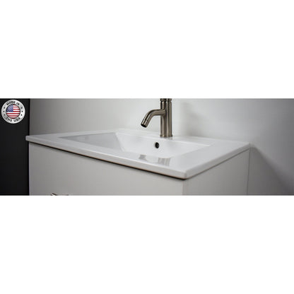 Volpa USA Napa 24" White Wall-Mounted Floating Modern Bathroom Vanity With Integrated Ceramic Top and Satin Nickel Round Handles