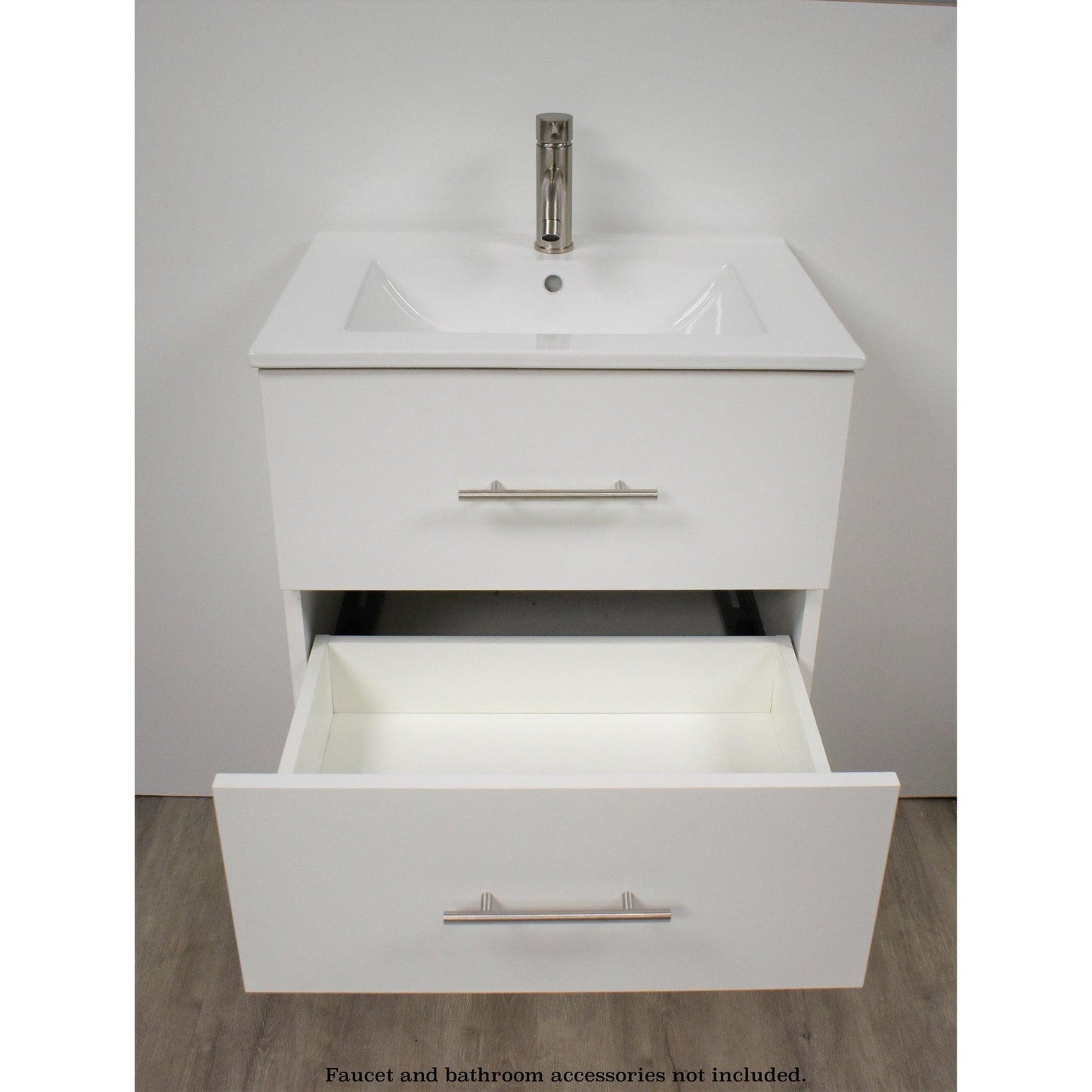 Volpa USA Napa 24" White Wall-Mounted Floating Modern Bathroom Vanity With Integrated Ceramic Top and Satin Nickel Round Handles