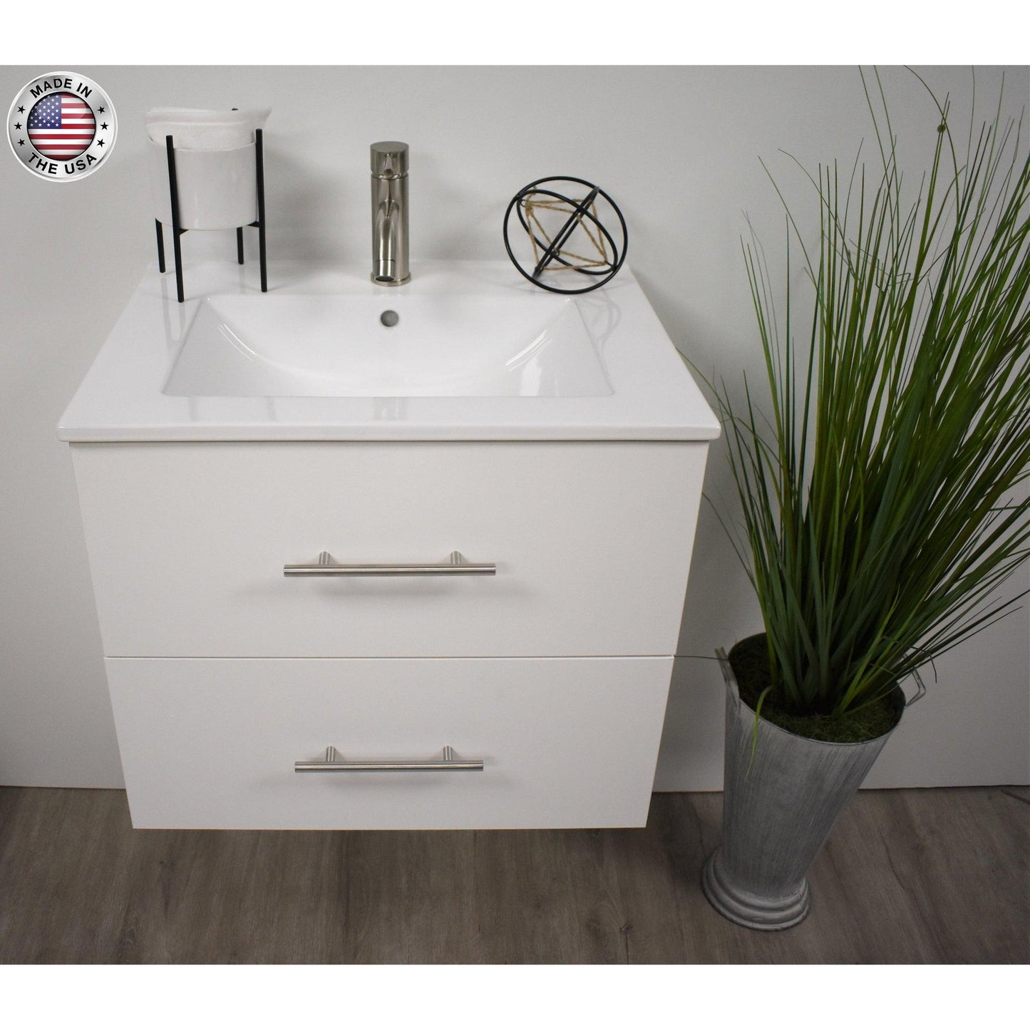 Volpa USA Napa 24" White Wall-Mounted Floating Modern Bathroom Vanity With Integrated Ceramic Top and Satin Nickel Round Handles