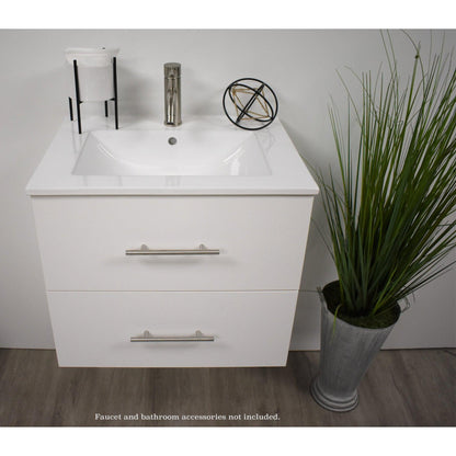 Volpa USA Napa 24" White Wall-Mounted Floating Modern Bathroom Vanity With Integrated Ceramic Top and Satin Nickel Round Handles