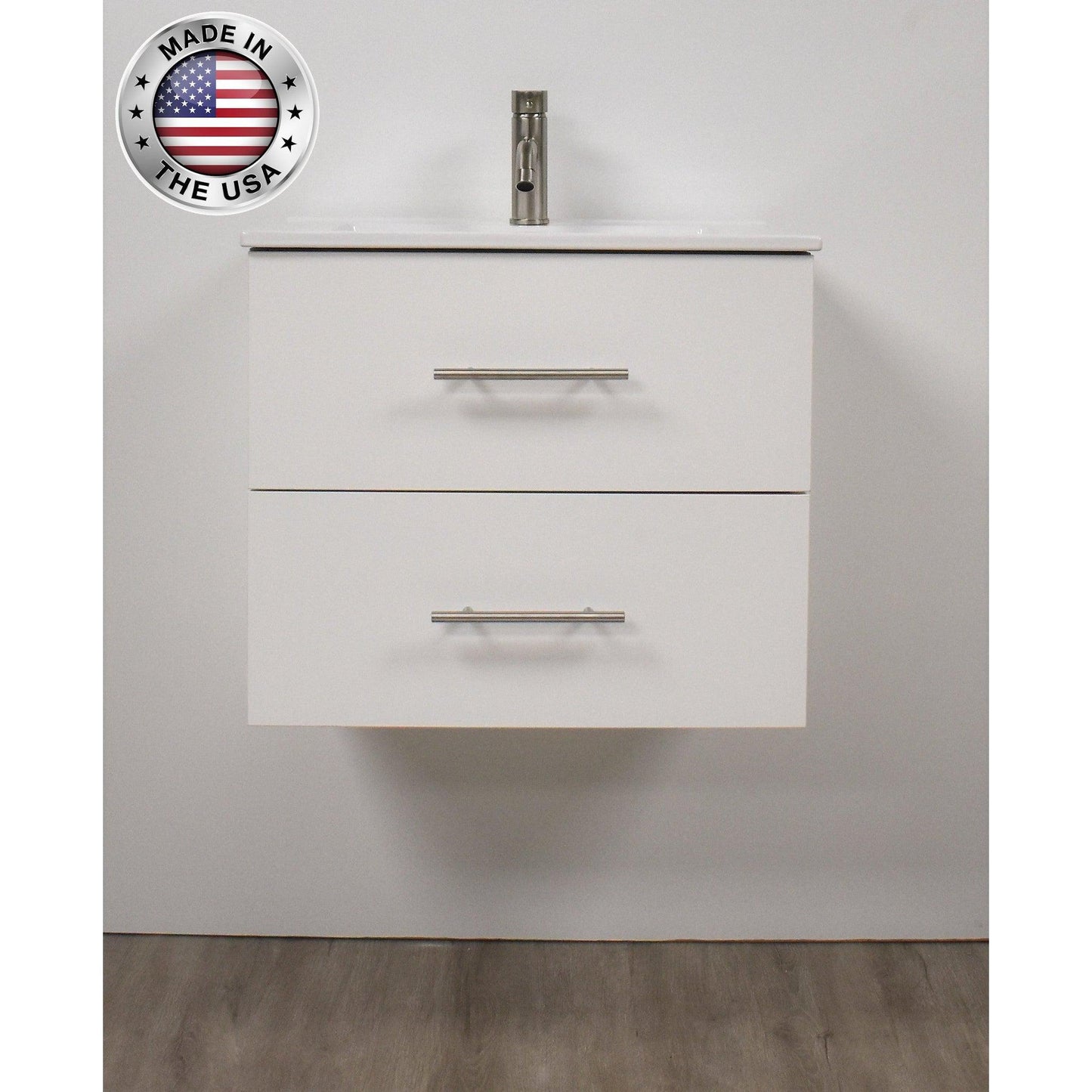 Volpa USA Napa 24" White Wall-Mounted Floating Modern Bathroom Vanity With Integrated Ceramic Top and Satin Nickel Round Handles