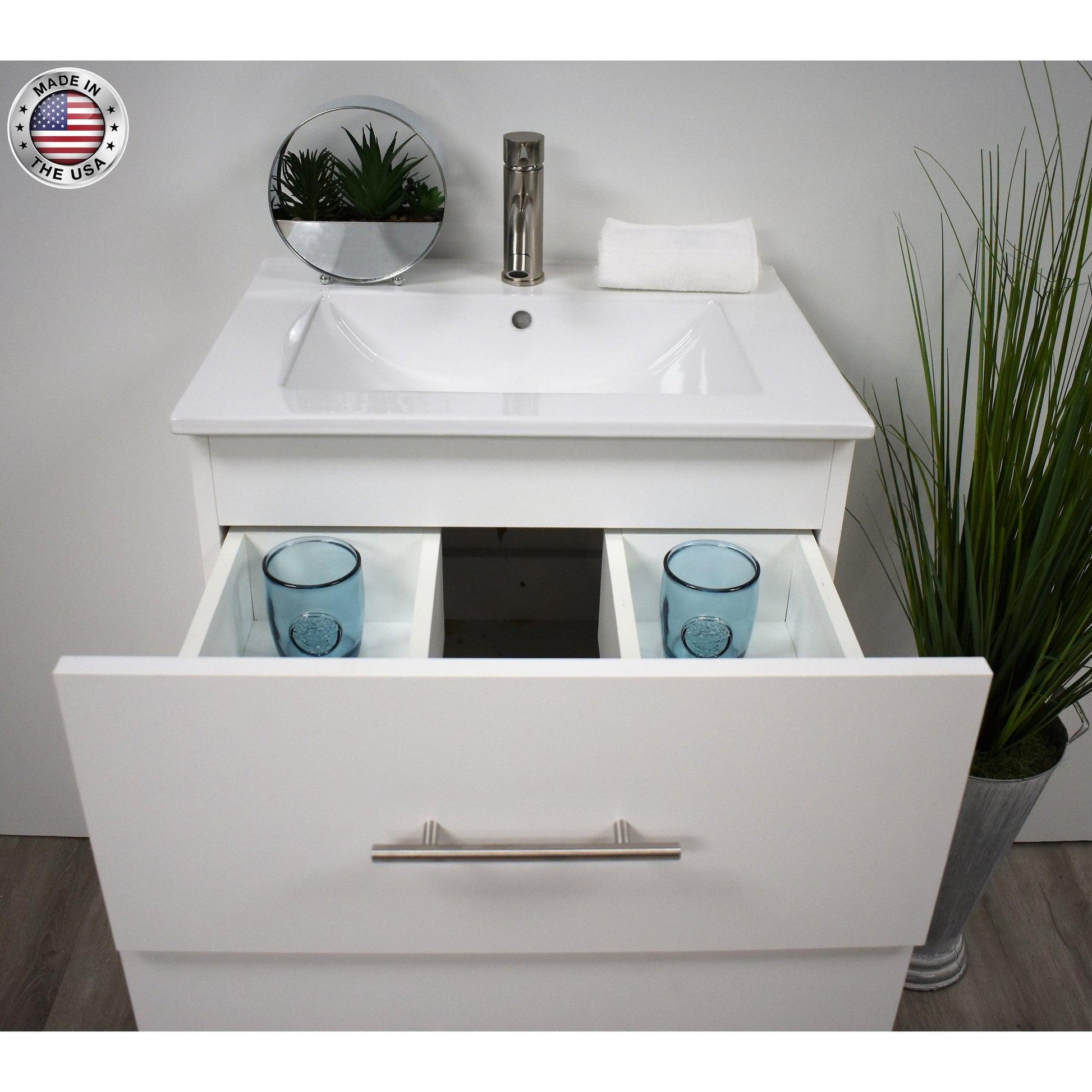 Volpa USA Napa 24" White Wall-Mounted Floating Modern Bathroom Vanity With Integrated Ceramic Top and Satin Nickel Round Handles