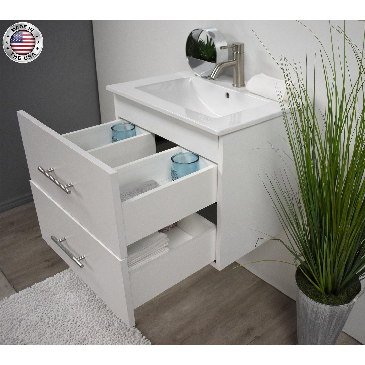 Volpa USA Napa 24" White Wall-Mounted Floating Modern Bathroom Vanity With Integrated Ceramic Top and Satin Nickel Round Handles