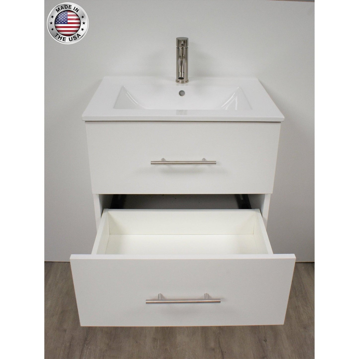 Volpa USA Napa 24" White Wall-Mounted Floating Modern Bathroom Vanity With Integrated Ceramic Top and Satin Nickel Round Handles