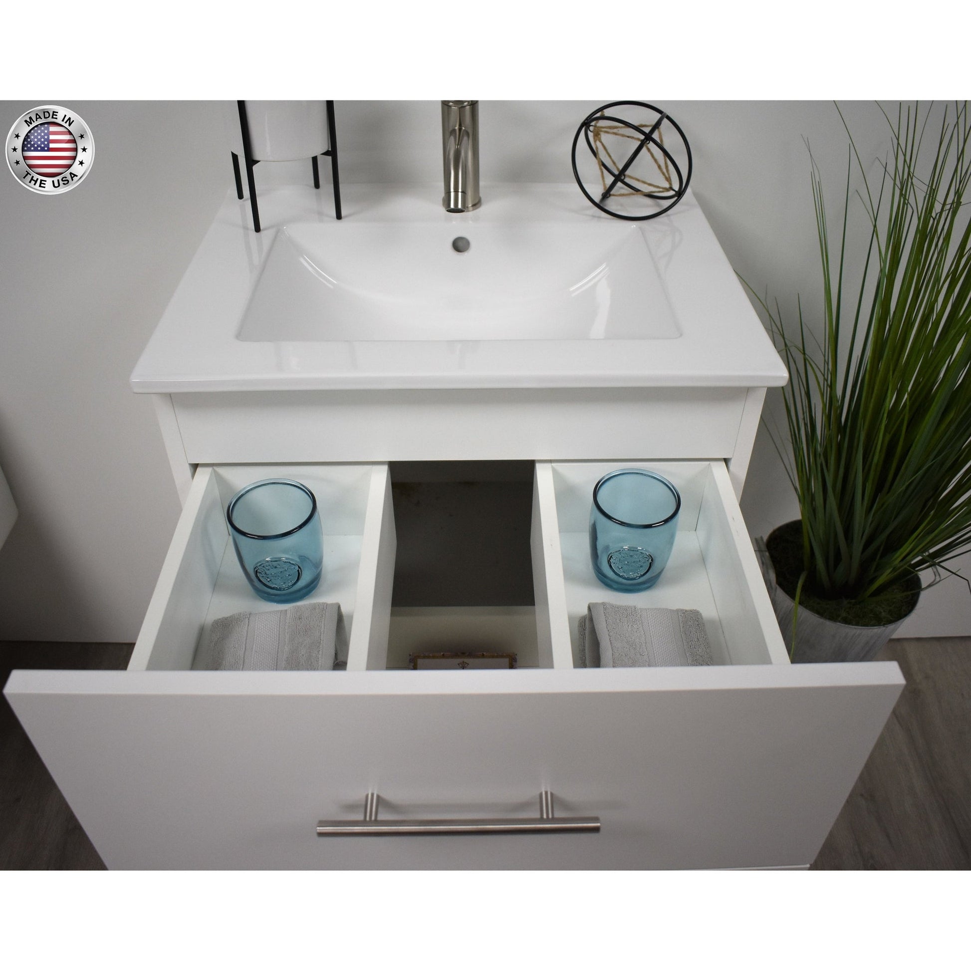 Volpa USA Napa 24" White Wall-Mounted Floating Modern Bathroom Vanity With Integrated Ceramic Top and Satin Nickel Round Handles