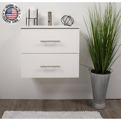 Volpa USA Napa 24" White Wall-Mounted Floating Modern Bathroom Vanity With Integrated Ceramic Top and Satin Nickel Round Handles