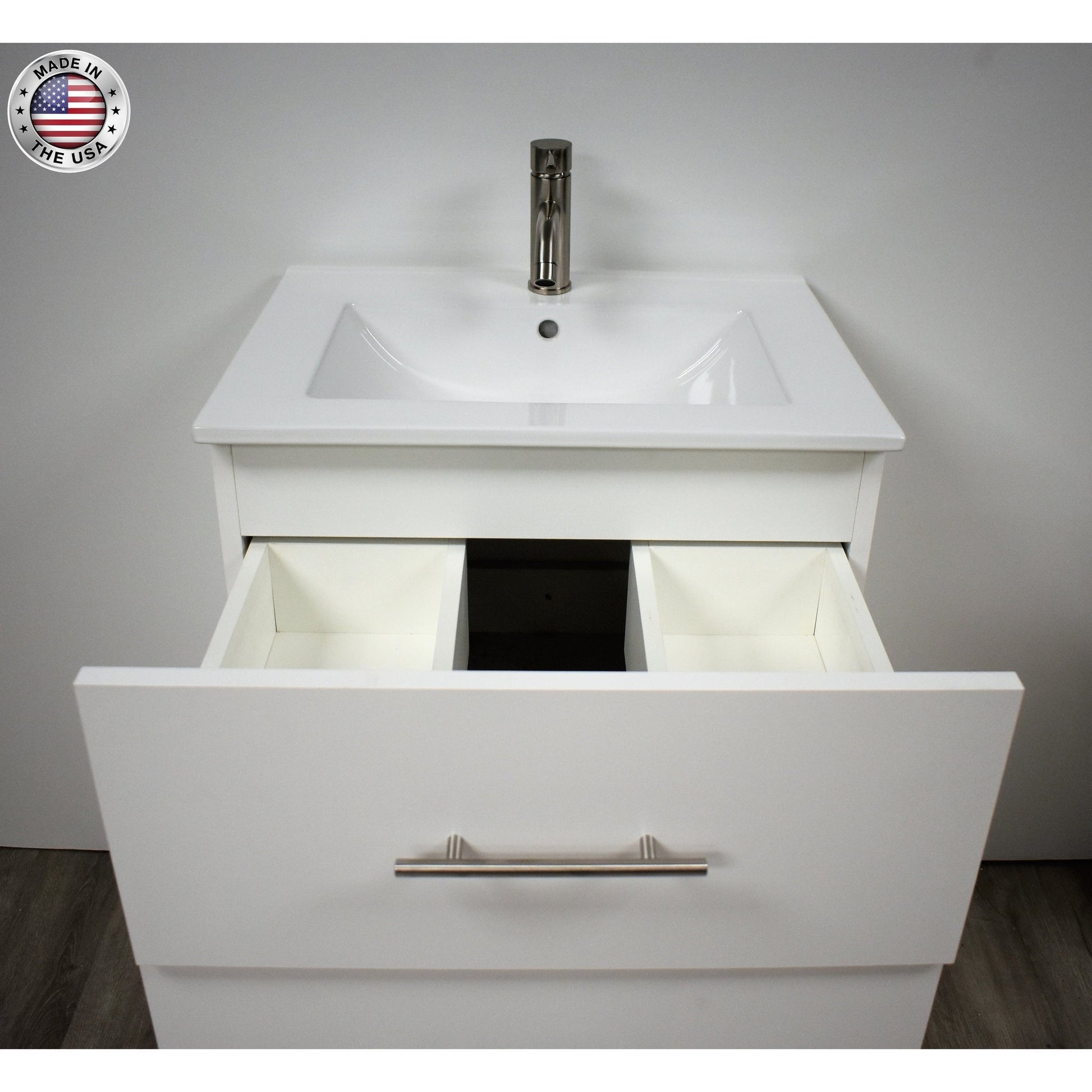 Volpa USA Napa 24" White Wall-Mounted Floating Modern Bathroom Vanity With Integrated Ceramic Top and Satin Nickel Round Handles