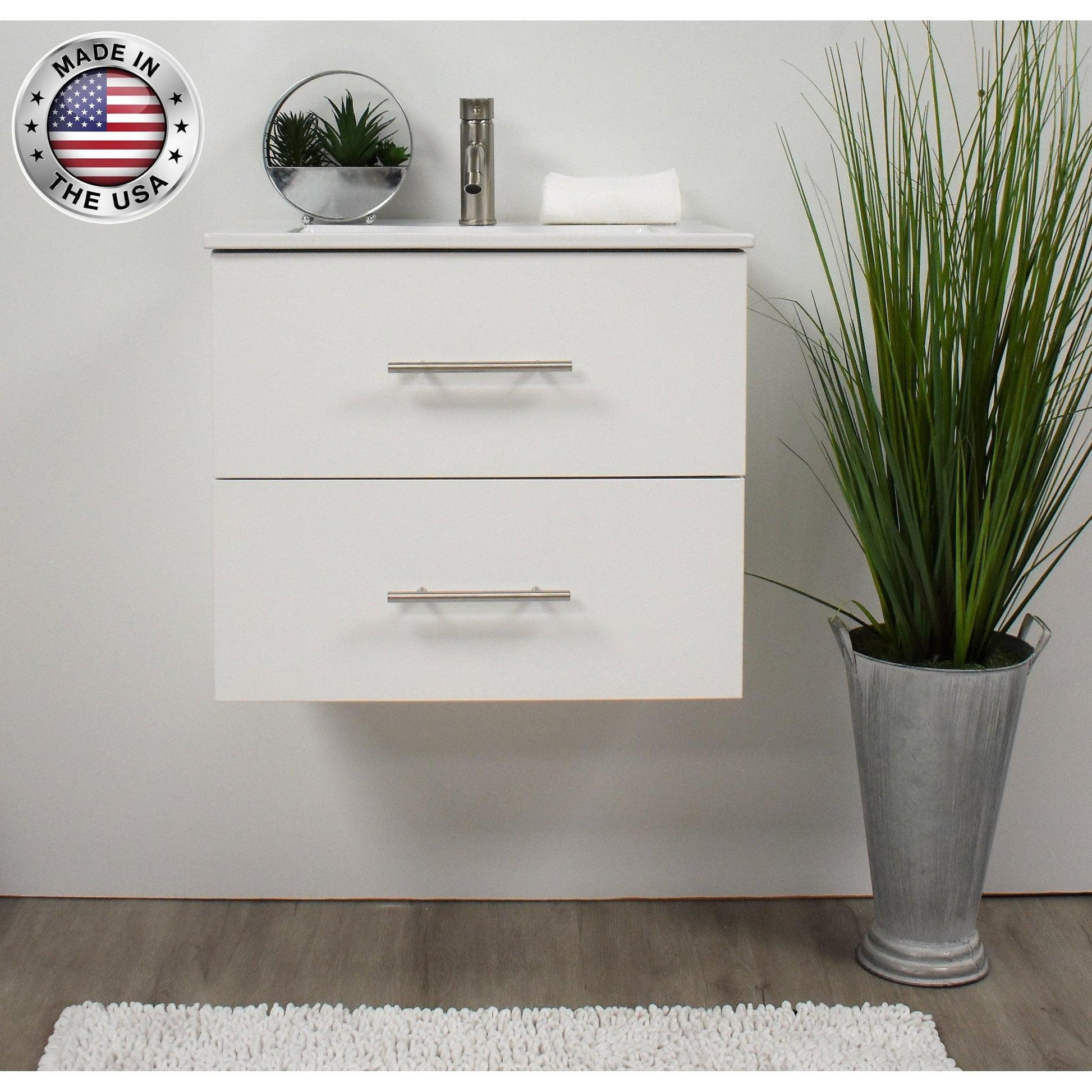 Volpa USA Napa 24" White Wall-Mounted Floating Modern Bathroom Vanity With Integrated Ceramic Top and Satin Nickel Round Handles