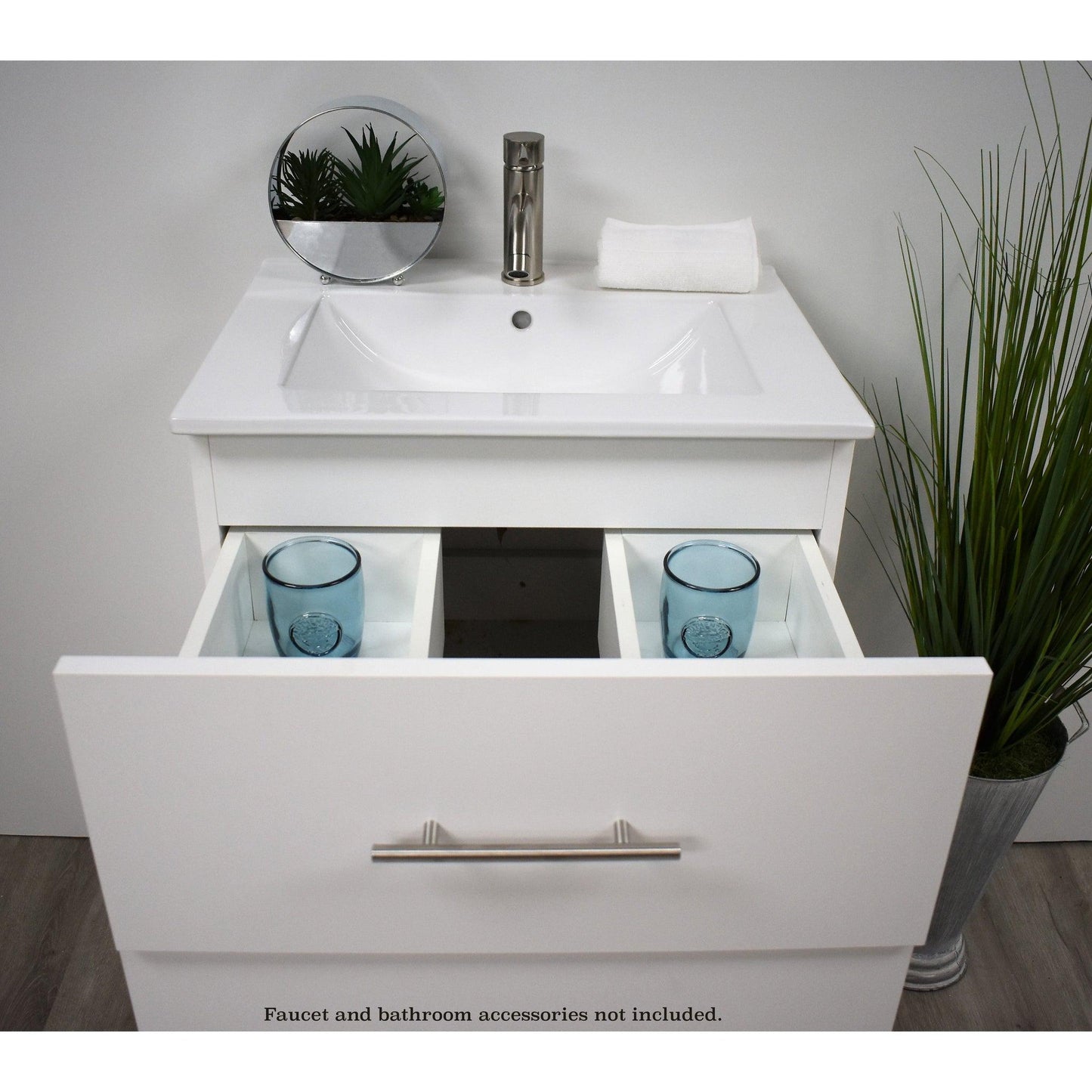 Volpa USA Napa 24" White Wall-Mounted Floating Modern Bathroom Vanity With Integrated Ceramic Top and Satin Nickel Round Handles