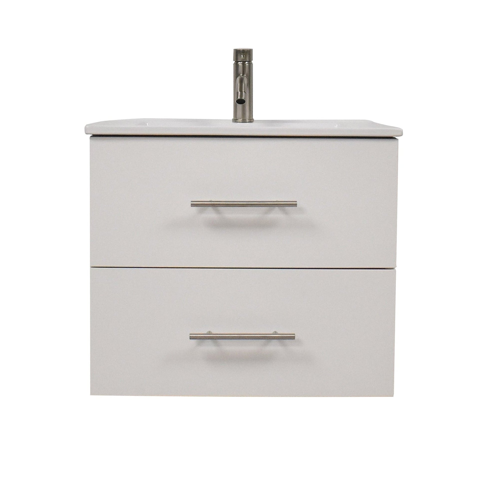 Volpa USA Napa 24" White Wall-Mounted Floating Modern Bathroom Vanity With Integrated Ceramic Top and Satin Nickel Round Handles