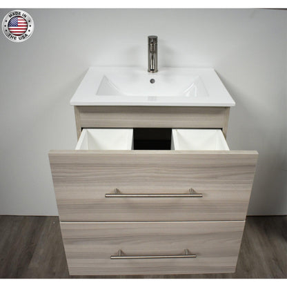 Volpa USA Napa 30" Ash Grey Wall-Mounted Floating Modern Bathroom Vanity With Integrated Ceramic Top and Satin Nickel Round Handles