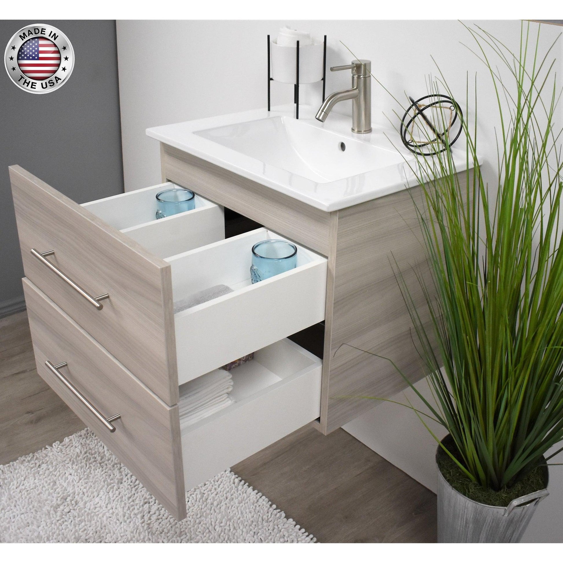 Volpa USA Napa 30" Ash Grey Wall-Mounted Floating Modern Bathroom Vanity With Integrated Ceramic Top and Satin Nickel Round Handles