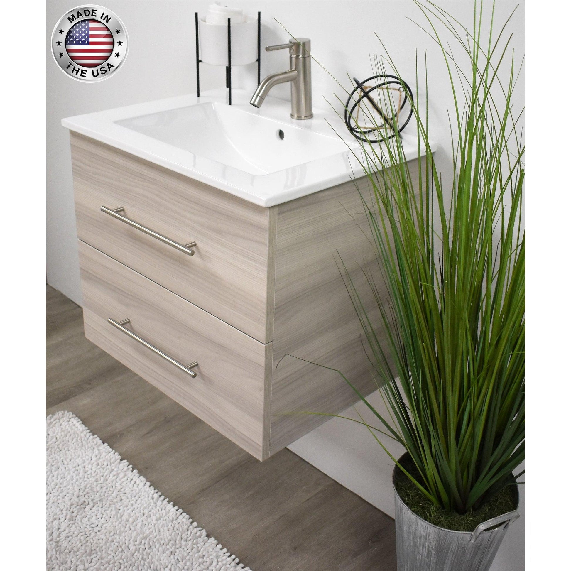 Volpa USA Napa 30" Ash Grey Wall-Mounted Floating Modern Bathroom Vanity With Integrated Ceramic Top and Satin Nickel Round Handles