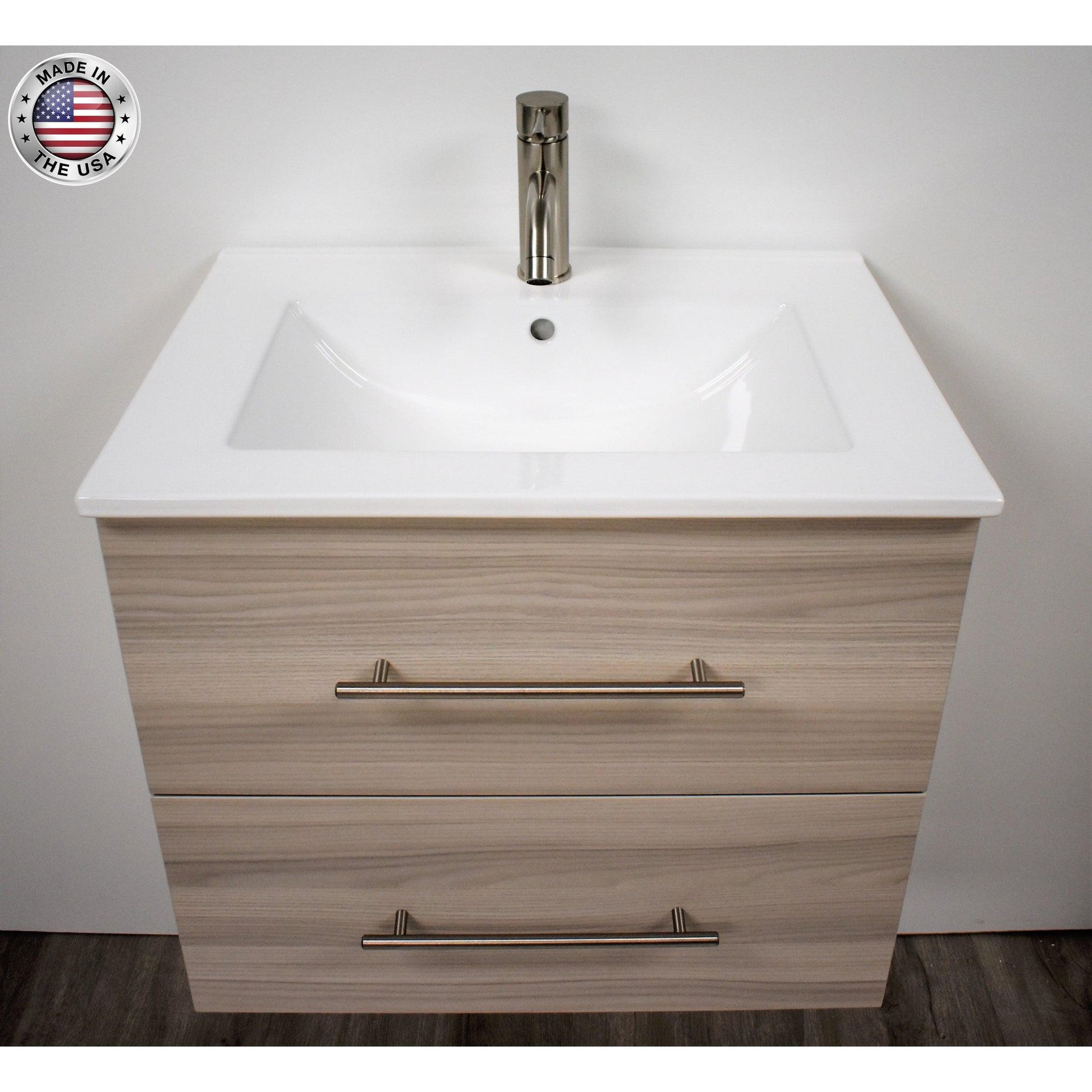 Volpa USA Napa 30" Ash Grey Wall-Mounted Floating Modern Bathroom Vanity With Integrated Ceramic Top and Satin Nickel Round Handles