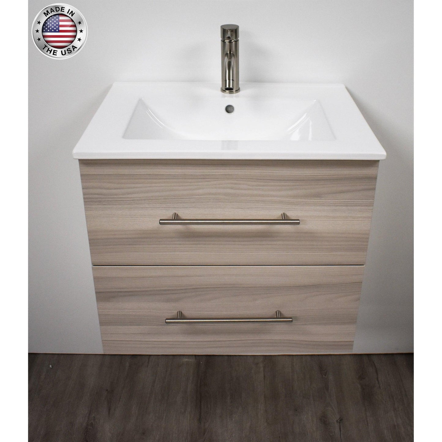 Volpa USA Napa 30" Ash Grey Wall-Mounted Floating Modern Bathroom Vanity With Integrated Ceramic Top and Satin Nickel Round Handles