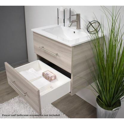 Volpa USA Napa 30" Ash Grey Wall-Mounted Floating Modern Bathroom Vanity With Integrated Ceramic Top and Satin Nickel Round Handles
