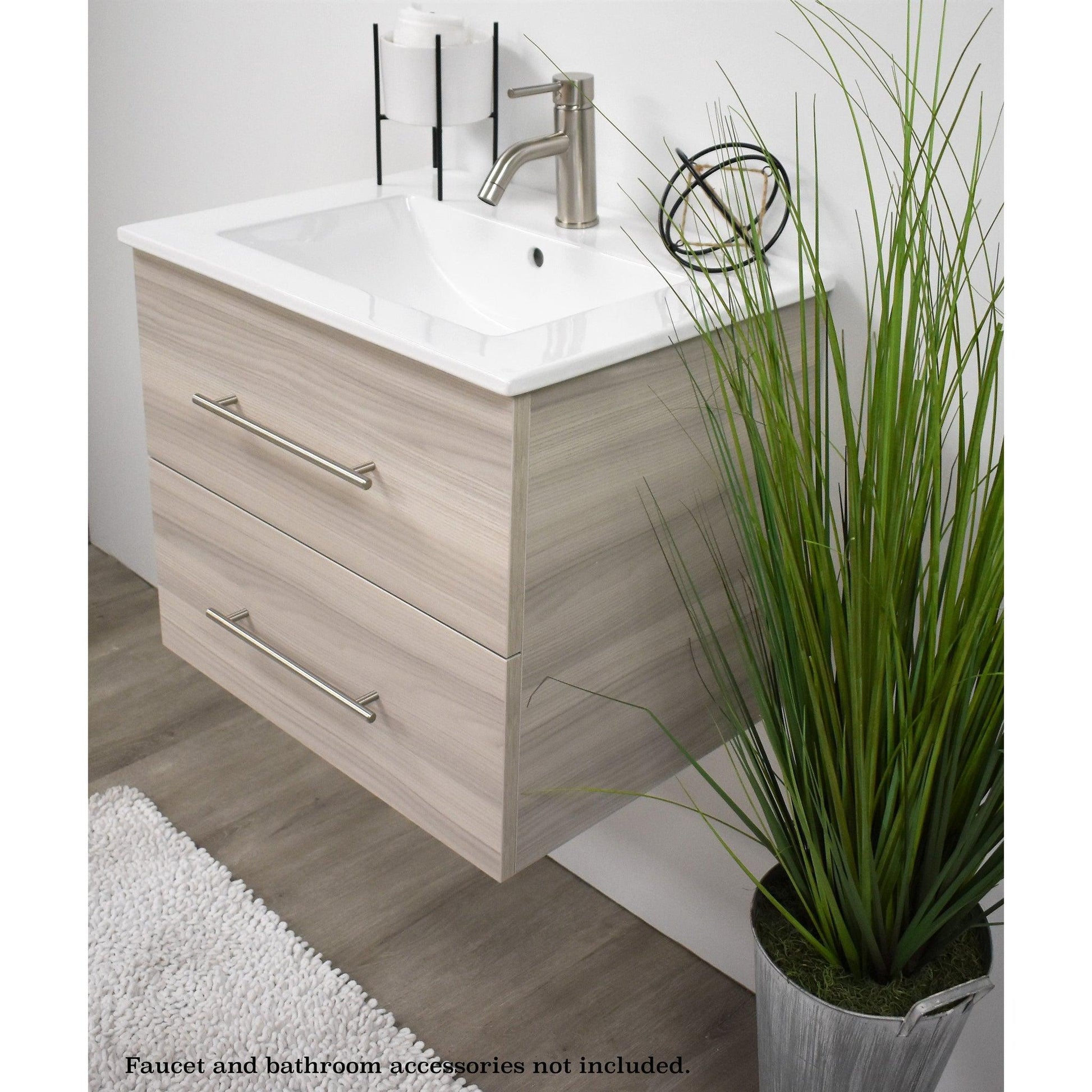 Volpa USA Napa 30" Ash Grey Wall-Mounted Floating Modern Bathroom Vanity With Integrated Ceramic Top and Satin Nickel Round Handles