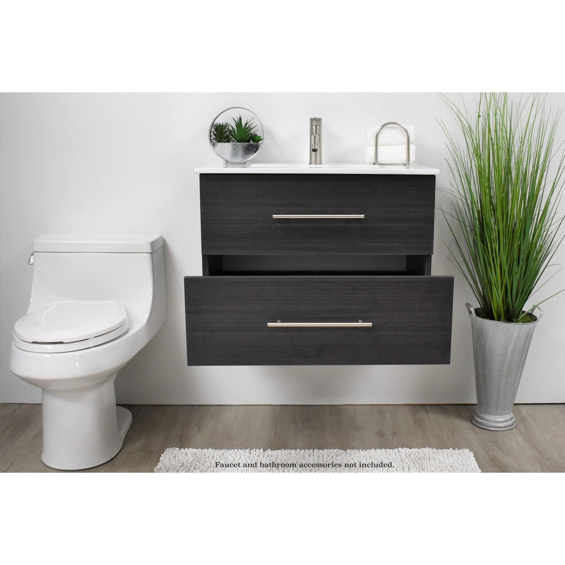 Volpa USA Napa 30" Black Ash Wall-Mounted Floating Modern Bathroom Vanity With Integrated Ceramic Top and Satin Nickel Round Handles