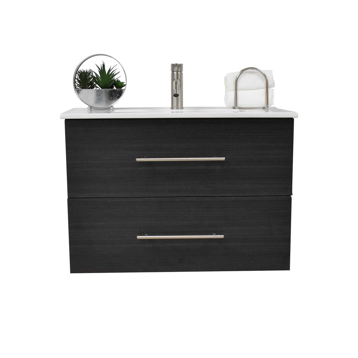 Volpa USA Napa 30" Black Ash Wall-Mounted Floating Modern Bathroom Vanity With Integrated Ceramic Top and Satin Nickel Round Handles