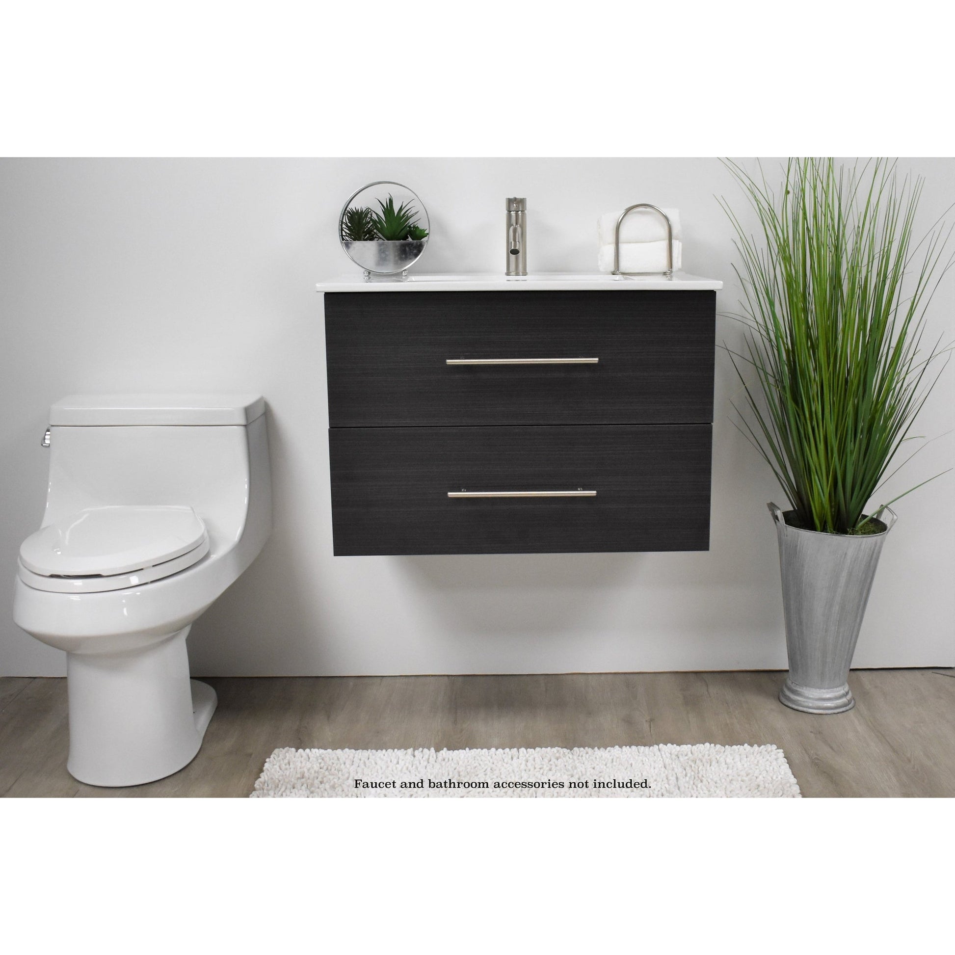 Volpa USA Napa 30" Black Ash Wall-Mounted Floating Modern Bathroom Vanity With Integrated Ceramic Top and Satin Nickel Round Handles