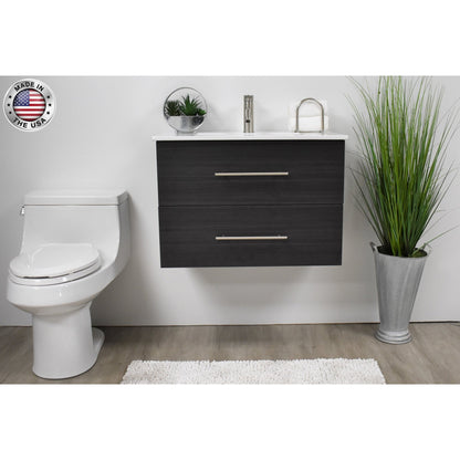 Volpa USA Napa 30" Black Ash Wall-Mounted Floating Modern Bathroom Vanity With Integrated Ceramic Top and Satin Nickel Round Handles