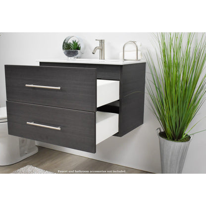 Volpa USA Napa 30" Black Ash Wall-Mounted Floating Modern Bathroom Vanity With Integrated Ceramic Top and Satin Nickel Round Handles