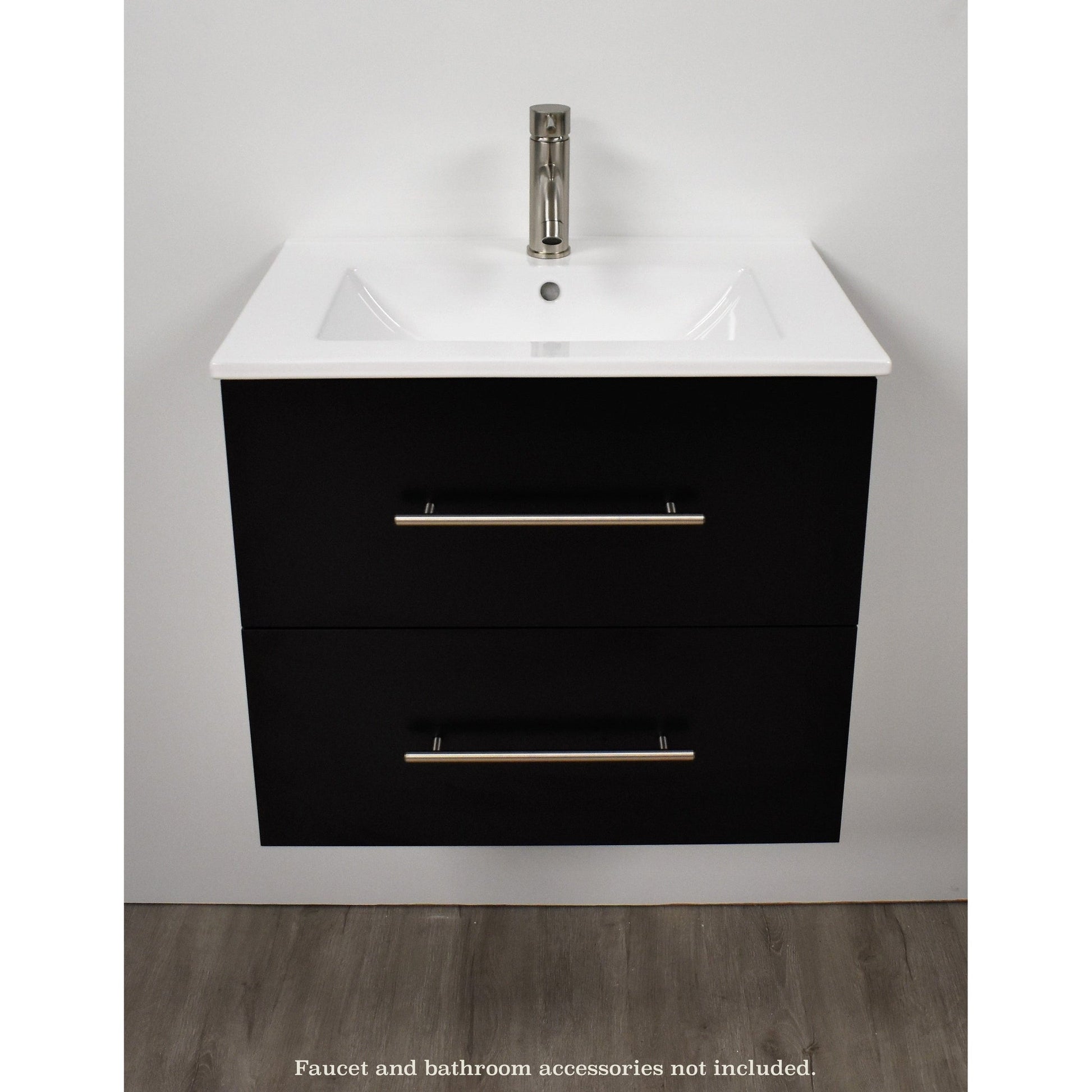 Volpa USA Napa 30" Black Wall-Mounted Floating Modern Bathroom Vanity With Integrated Ceramic Top and Satin Nickel Round Handles