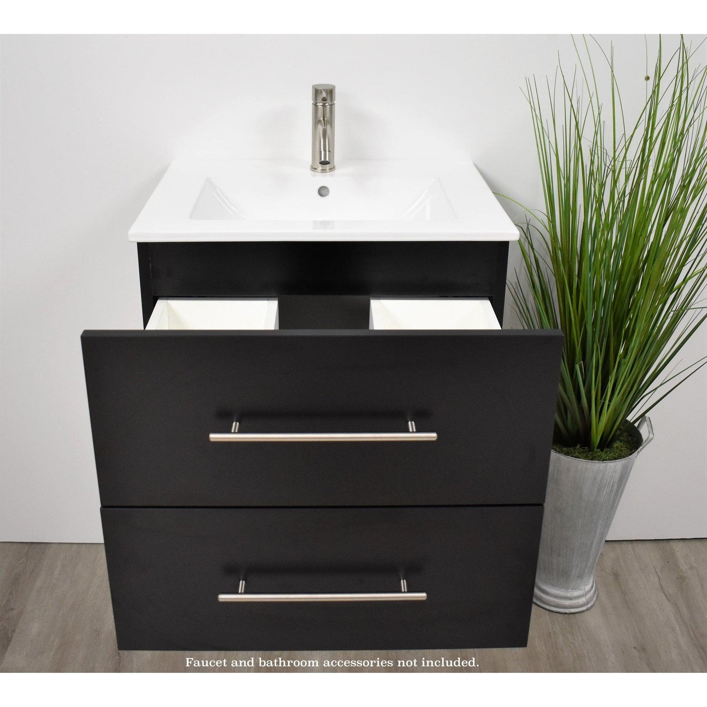 Volpa USA Napa 30" Black Wall-Mounted Floating Modern Bathroom Vanity With Integrated Ceramic Top and Satin Nickel Round Handles