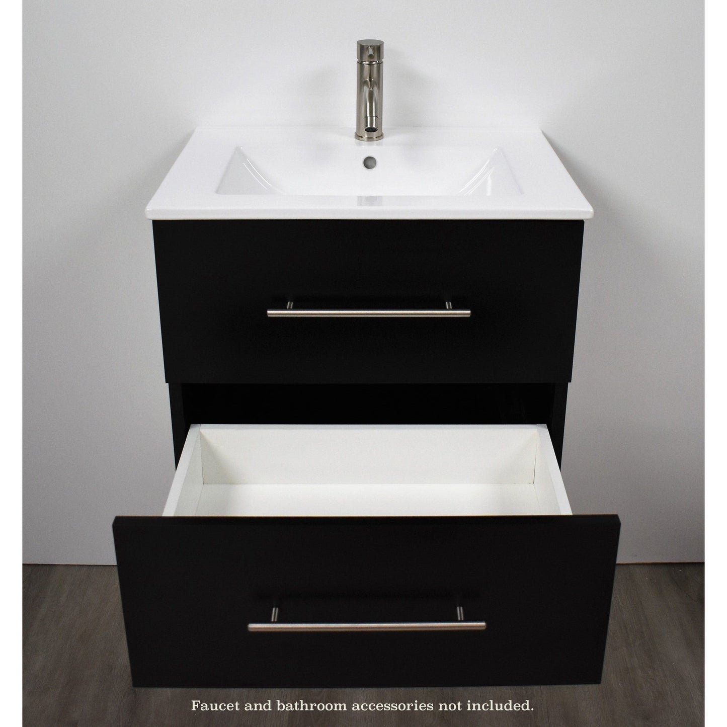 Volpa USA Napa 30" Black Wall-Mounted Floating Modern Bathroom Vanity With Integrated Ceramic Top and Satin Nickel Round Handles