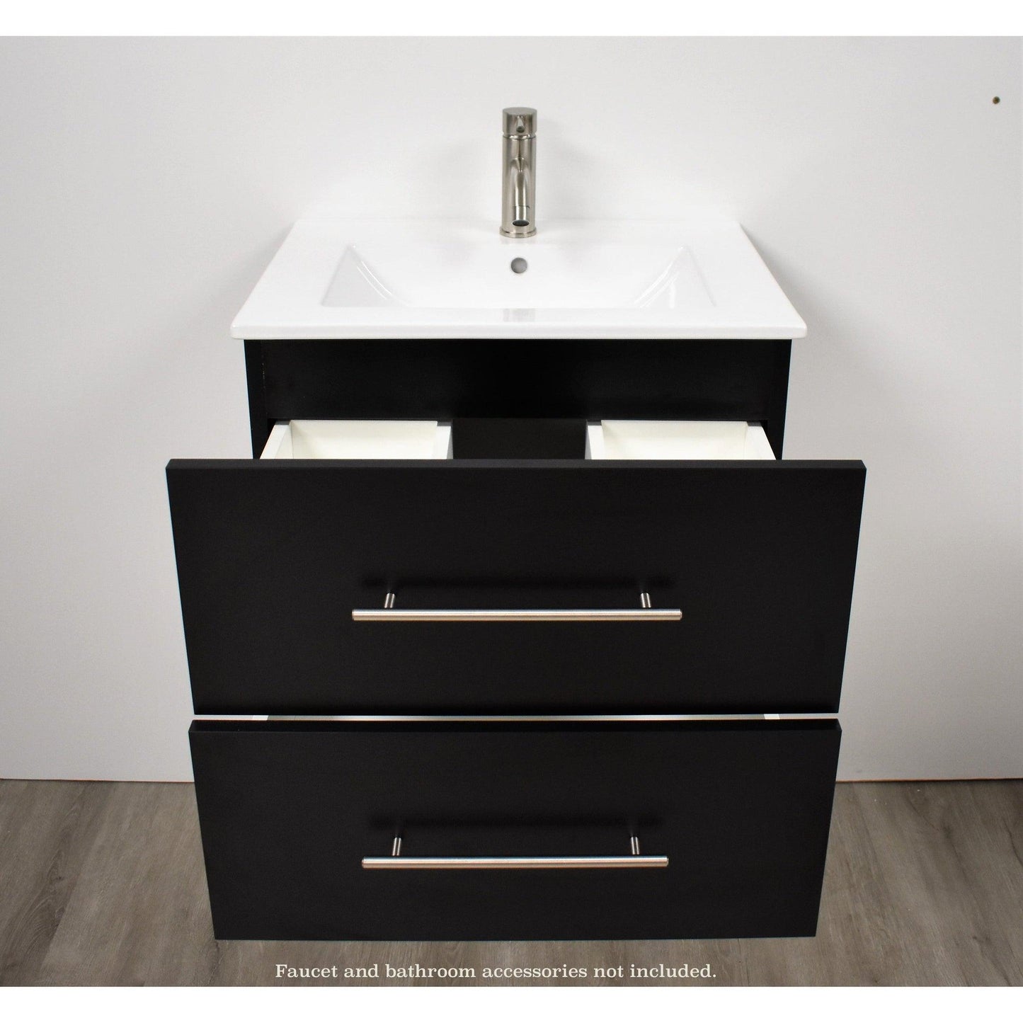 Volpa USA Napa 30" Black Wall-Mounted Floating Modern Bathroom Vanity With Integrated Ceramic Top and Satin Nickel Round Handles