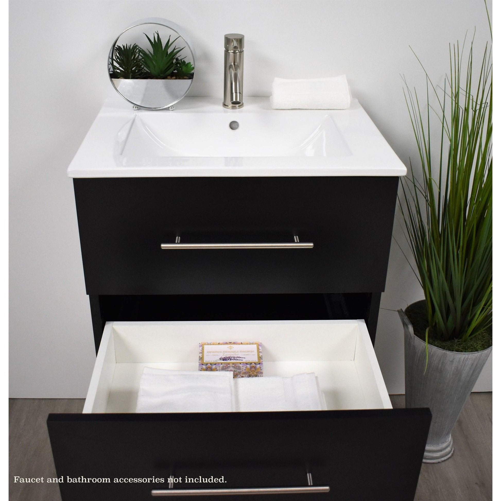 Volpa USA Napa 30" Black Wall-Mounted Floating Modern Bathroom Vanity With Integrated Ceramic Top and Satin Nickel Round Handles