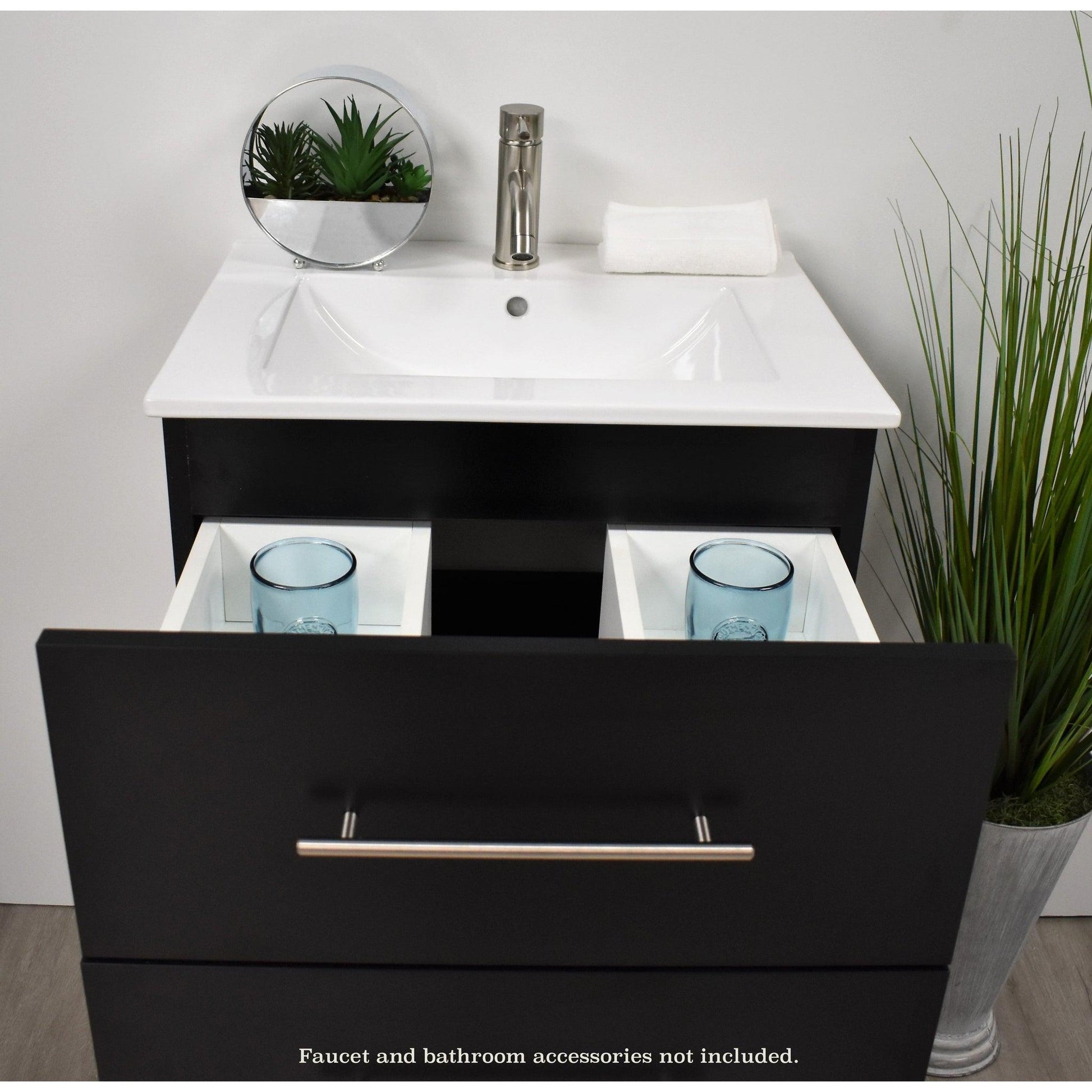 Volpa USA Napa 30" Black Wall-Mounted Floating Modern Bathroom Vanity With Integrated Ceramic Top and Satin Nickel Round Handles