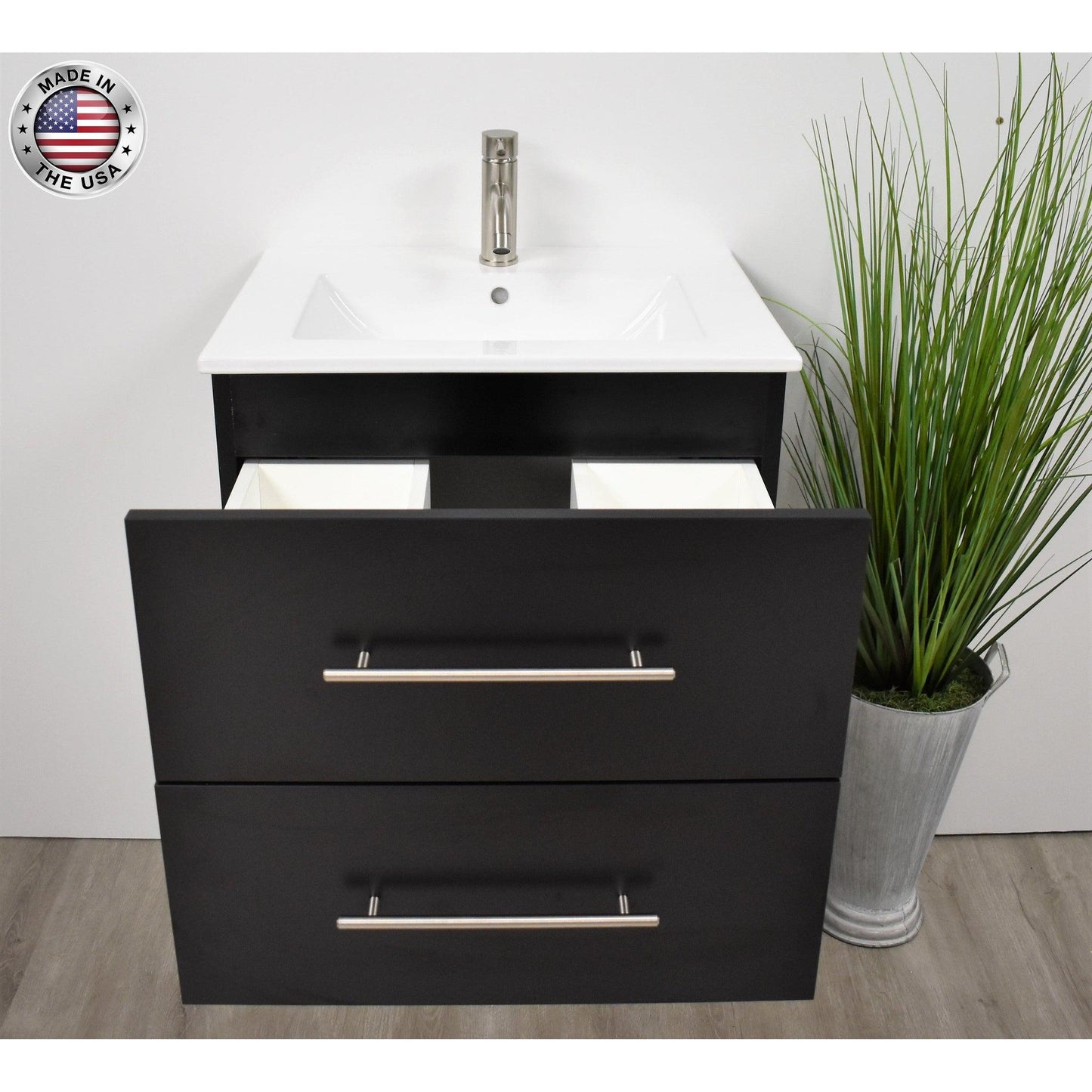 Volpa USA Napa 30" Black Wall-Mounted Floating Modern Bathroom Vanity With Integrated Ceramic Top and Satin Nickel Round Handles