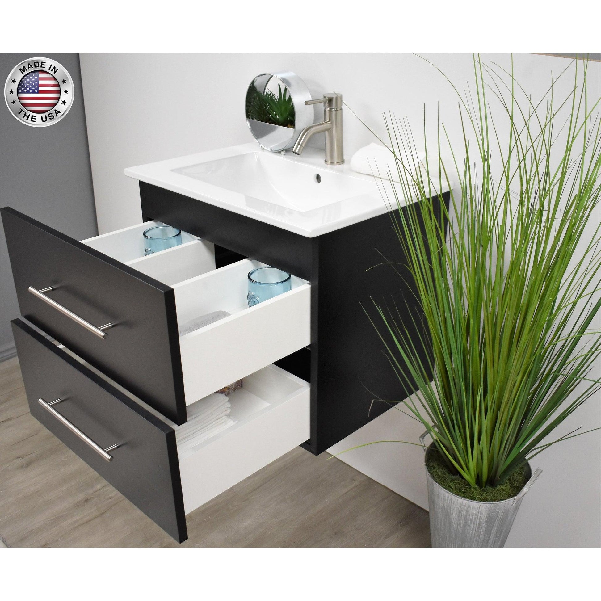 Volpa USA Napa 30" Black Wall-Mounted Floating Modern Bathroom Vanity With Integrated Ceramic Top and Satin Nickel Round Handles