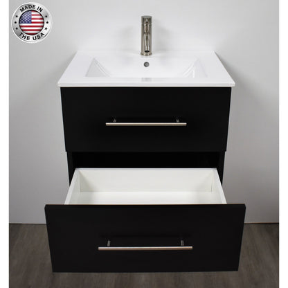 Volpa USA Napa 30" Black Wall-Mounted Floating Modern Bathroom Vanity With Integrated Ceramic Top and Satin Nickel Round Handles