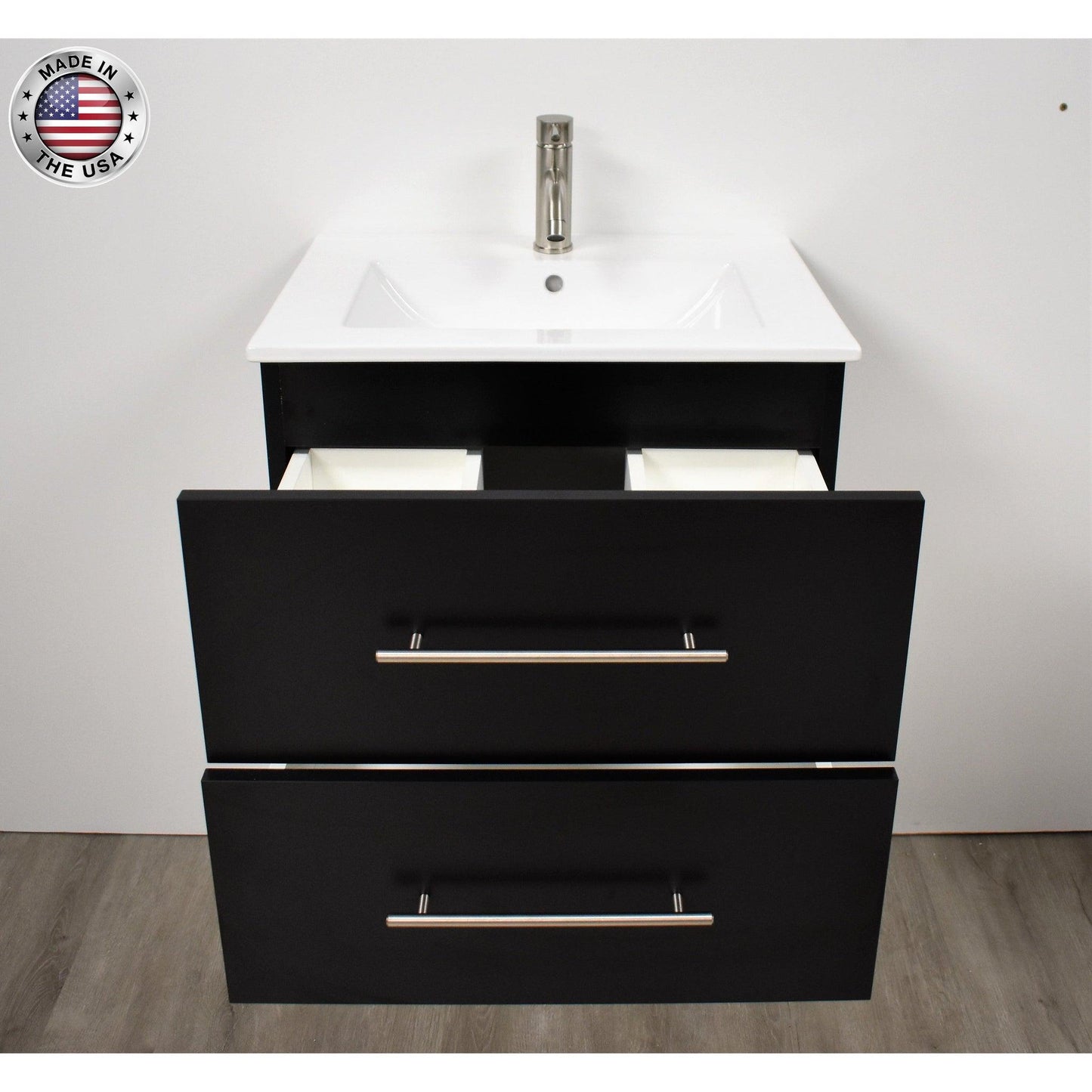 Volpa USA Napa 30" Black Wall-Mounted Floating Modern Bathroom Vanity With Integrated Ceramic Top and Satin Nickel Round Handles